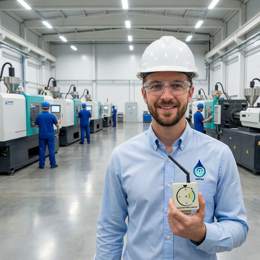 Engenheiro segurando o Horímetro Wi-Fi em uma fábrica de injetoras