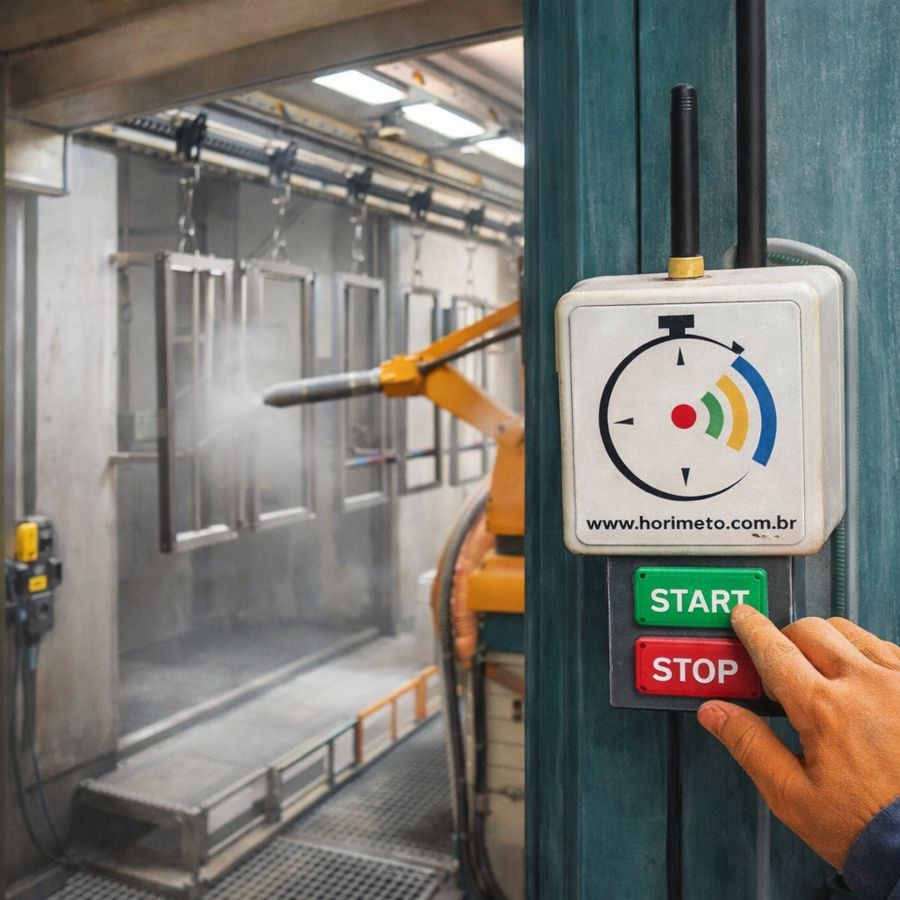 Horímetro Wi-Fi instalado ao lado dos botões de partida e parada de uma cabine de pintura